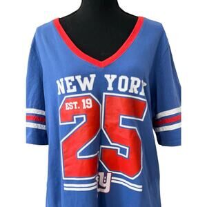 New York Giants Red Blue Short Sleeve V-Neck T-Shirt NFL Football Womens XL Top